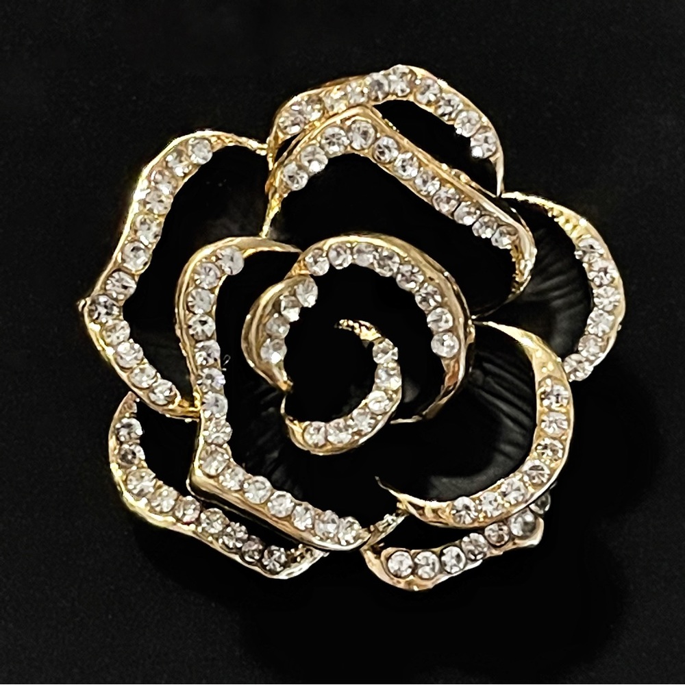 ✨ Black Rose Brooch with Enamel and Rhinestones Brooch